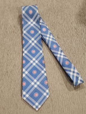 Chicago Cubs Blue Plaid Men's Tie with Red Cubs Logo Accents - MLB